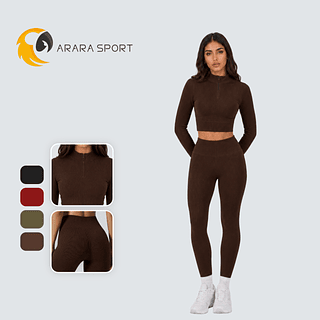 Conjunto de Calça e Cropped Manga Comprida Com Dedeira e Zíper Canelado Poliamida Cintura Alta Sem Empina Fitness Yoga para Academia"