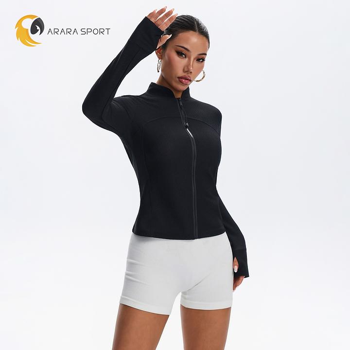 Jaqueta Fitness Texturizada com Zíper Manga Longa