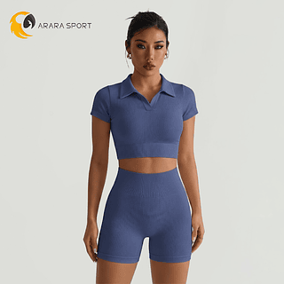 Conjunto de Short e Cropeed Com Gola Sem Empina Academia Canelado Poliamida Fitness