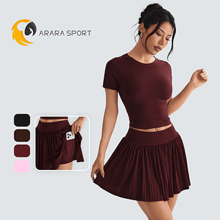 Conjunto Short Saia e Cropped Poliamida Premium Academia Bolso Lateral Fitness Cintura Alta Beach Tenis