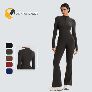 Macacão Flare Manga Longa Poliamida Amanteigado Para Inverno Zero Transparente Fitness Feminino Academia