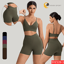 Conjunto de Short e Top De Alcinha Decote Em V Poliamida Premium Sem Empina Cintura Alta para Academia