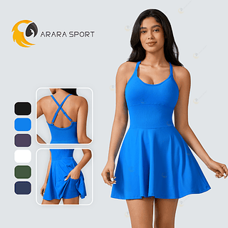 Vestido Com Short Poliamida Premium Beach Tennis Com Bolso Lateral Academia Cruzado nas Costas Fitness