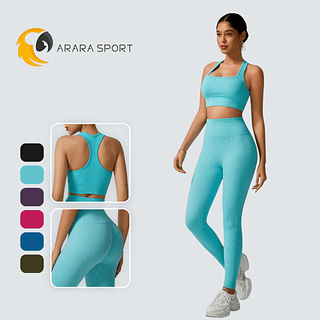 Conjunto Calça Com Top Nadador Poliamida Canelado Com Empina Academia Cintura Alta Fitness