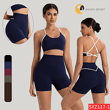 Conjunto de Short e Top de Alcinha Cruzado nas Costa Sem Empina Poliamida Premium Cintura Alta Fitness