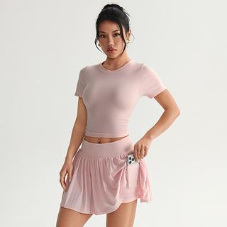 Conjunto Short Saia e Cropped Poliamida Premium Academia Bolso Lateral Fitness Cintura Alta Beach Tenis