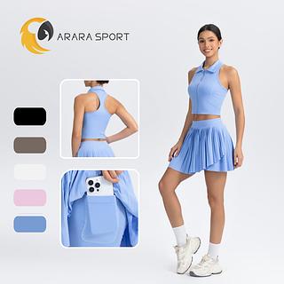 Conjunto de Short Saia e Cropped Regatinha Com Gola Poliamida Premium Plinssada Com Bolso Lateral Costa Nadadora