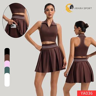 Conjunto de Short Saia e Cropped Golinha Com Bolso Lateral e Zíper Poliamida Premium Zero Transparência Liso para Academia