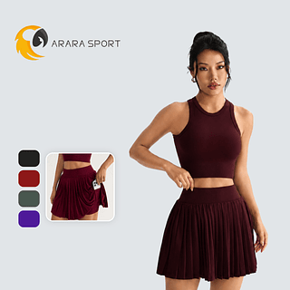 Conjunto Short Saia Plinssada e Cropped Poliamida Premium Academia Bolso Lateral Fitness