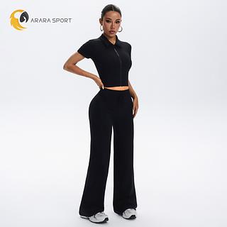 Conjunto de Calça Pantalona e Cropped com Manguinha e Zíper Poliamida Premium Canelado Sem Empina Cintura Alta Academia Confortável