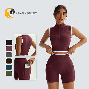 Conjunto de Short e Top Canelado Poliamida Premium Academia Sem Empina Regata Com Zíper Fitness Bolso Lateral
