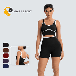Conjunto de Short e Top Decote em U nas Costa Poliamida Premium Sem Empina Cintura Alta Fitness